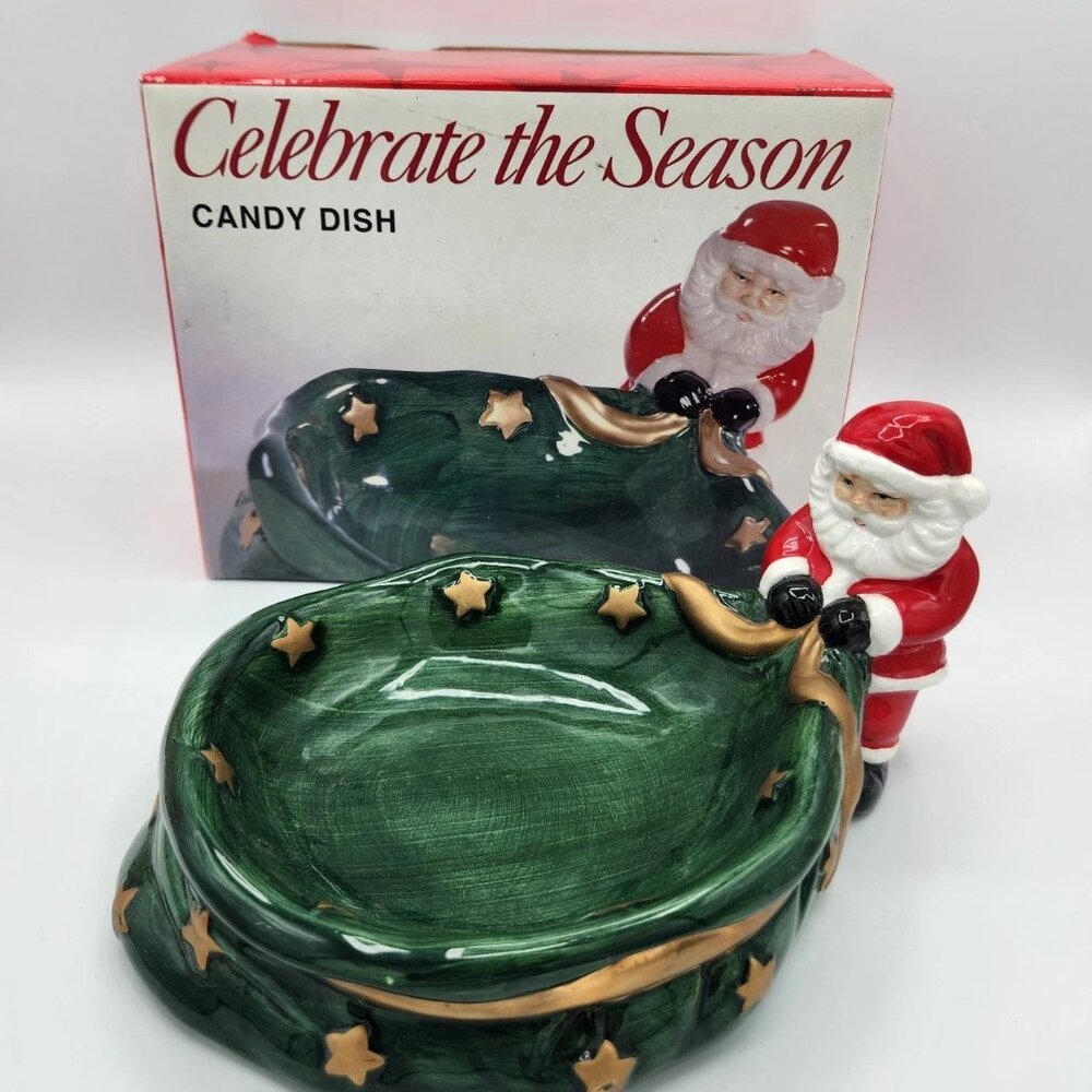 Vintage Celebrate the Season Santa Ceramic Candy Dish w/ Open Box